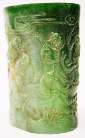 Chinese carved green stone brush pot