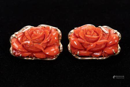 PR., 14K YG FOLIATE CARVED RED CORAL EARRINGS