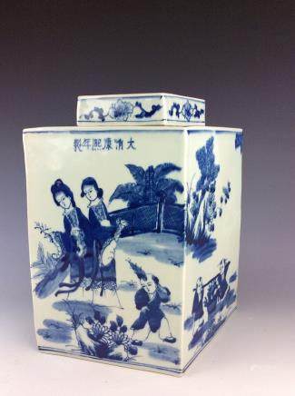 Chinese porcelain pot with lid, blue &  white glazed, marked