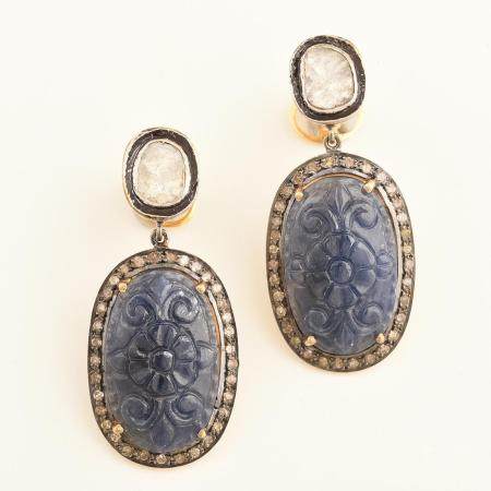 Pair of Sapphire, Diamond, Sterling Silver, 18k Yellow