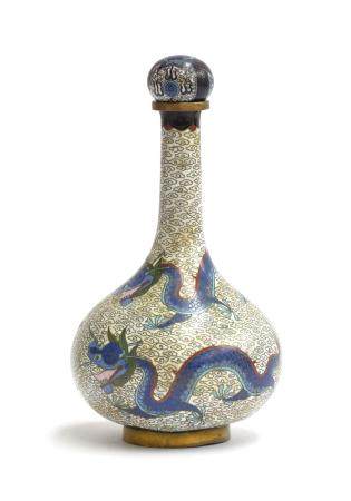 A Chinese cloisonné bottle vase with lid (af), depicting dragons chasing a flaming pearl on a