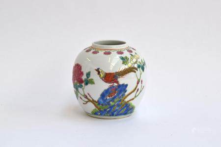 A Chinese ginger jar, painted in polychrome with images of a rooster and a chrysanthemum, marked