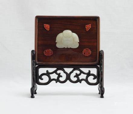 Chinese Rosewood Jade Table Screen