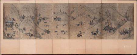 KOREAN 8-PANEL 'HUNTING SCENE' FLOOR SCREEN, 19TH CENTURY