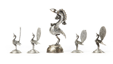A GROUP OF FIVE SILVER BIRD FIGURES, QAJAR, 19TH CENTURY