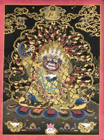 Tibetischer Thangka, 20. Jh., polychrome Pigmente u. Gold auf Leinen, zentrale Darstellung mit Mahakala auf einem Lotusthron, umgeben von einer Flammen-Mandorla, leichte Randl?suren, Randbordüre etwas ber. bzw. verschmutzt, 55,5 x 43 cm