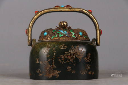 QIANLONG MARK, CHINESE CARVED HETIAN JADE POT