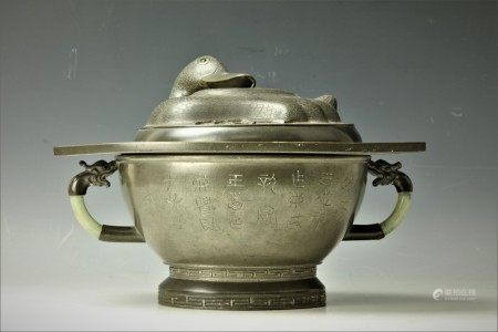 A Duck Shaped Chinese Tin or Pewter Lidded Pot with Handles