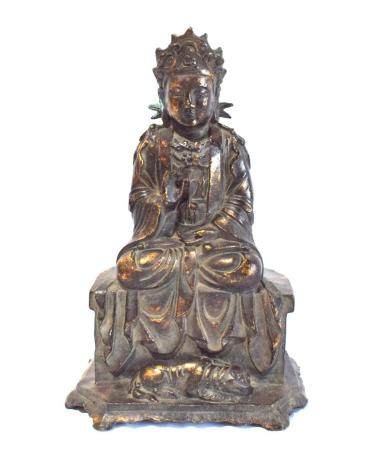  A Chinese Bronze Alloy Bodhisattva Seated on a Draped Rectangular Stool with a Tiger Reclining on the Low Plinth, after the Ming Dyn...
    
  