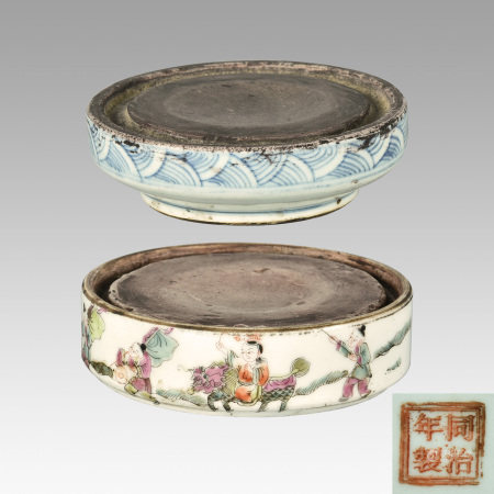清 青花、“麒麟送子”粉彩辟雍瓷砚两方 