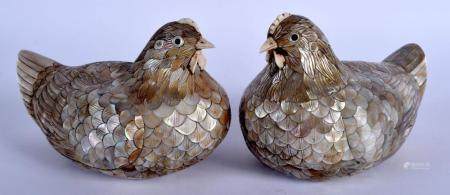 A LARGE PAIR OF 19TH CENTURY CHINESE MOTHER OF PEARL INLAID BOXES AND COVERS Qing, modelled in the form of chickens. 16 cm x 12 cm.