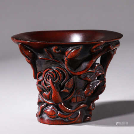 TAN WOOD RELIEF CARVED 'FLOWERS' WINE CUP
