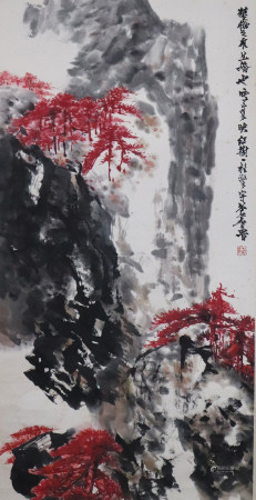 石鲁 -- 雪峰映红树（原装旧裱） 立轴
（1919-1982）四川人，长安画派主要创始人。