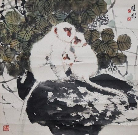方楚雄 -- 天伦乐（原装旧裱） 镜片
1950年生，广东普宁人，广州美院教授，硕士研究生导师。