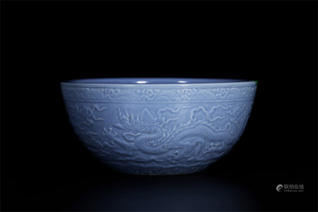 粉青刻双龙莲子缸