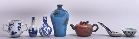A Chinese Yixing stoneware teapot and cover, of squash form, 65mm h, round impressed mark and six