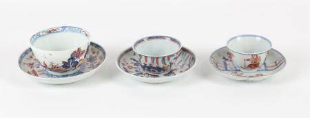 A Group of Chinese Imari saucers and cups 18th century (6). One rare dish and tea cup painted with