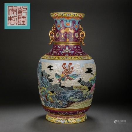 LARGE BRONZE ENAMEL DOUBLE-EARED VASE, QIANLONG PERIOD OF THE QING DYNASTY, CHINA