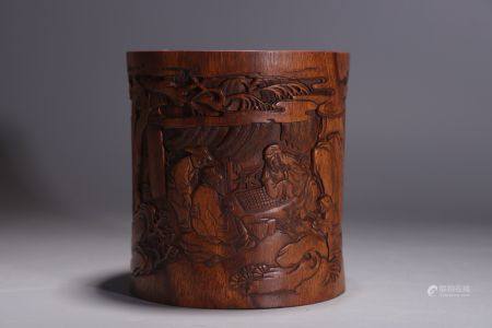 Huanghua pear carved character pen holder 黄花梨刻人物笔筒