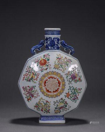 Qing Qianlong year system blue and white pastel eight treasure longevity grain flat bottle “大清乾隆年制”款青花粉彩八宝福寿纹扁瓶