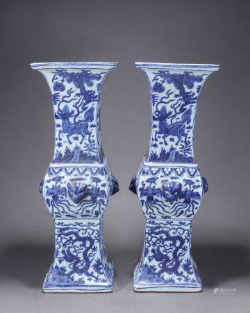 Blue and white dragon and phoenix kylin grain beast first square bottle pair 青花龙凤麒麟纹兽首四方瓶一对