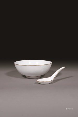 清宣统 白釉描金碗勺 瓷器