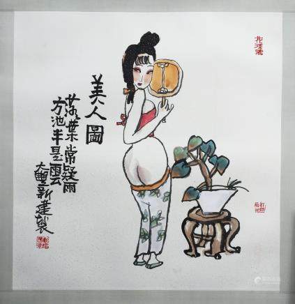 CHINESE SCROLL PAINTING OF BEAUTY WITH FAN