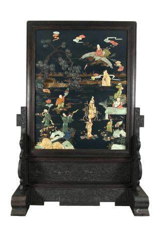 A Chinese Jade and Hardstone Embellished Standing Screen