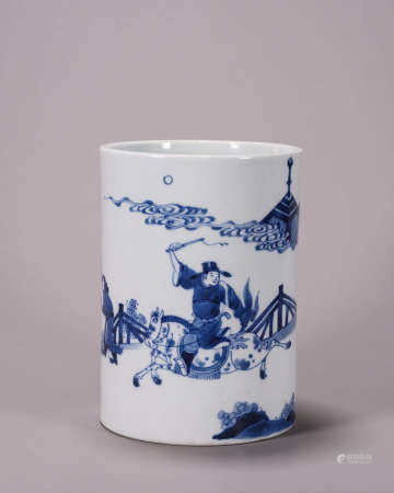 A blue and white figure porcelain brush pot