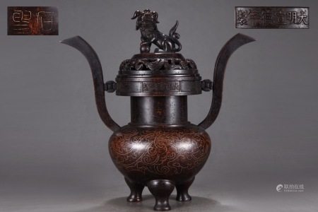 精铸紫铜胎错银丝螭龙纹朝冠耳熏炉