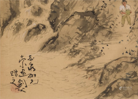高剑父款 山水人物 镜片