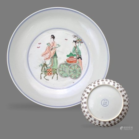 A Large 'famille verte' Birthday Dish with Xiwangmu, Kangxi Period, Qing Dynasty, six character underglaze blue mark of Chenghua清康熙 五彩麻姑献寿图寿字大盘 大明成化年制款