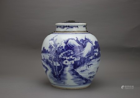 A blue and white 'Landscape' Ginger Jar and Cover, 18th Century18世纪 青花山水图盖罐