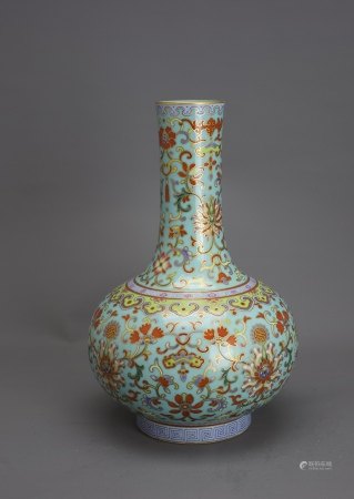 A turquoise ground Bottle Vase, six character mark of Jiaqing in gilding and possibly of the period或清嘉庆 松绿地粉彩描金缠枝莲纹瓶 大清嘉庆年制款