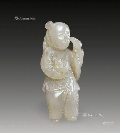 清代 青白玉持莲花童子佩