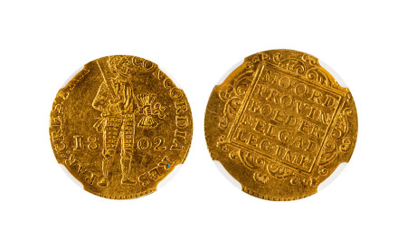 1802年荷兰1杜卡特金币一枚，NGC AU55