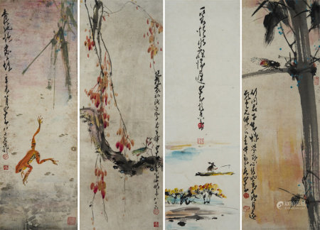 赵少昂 山水草虫四屏 镜片