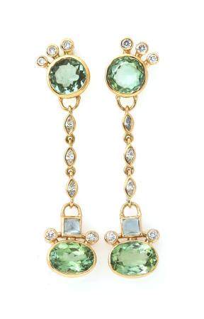 Natascha Trolle     A pair of tourmaline, aquamarine and diamond ear pendants each set with an oval and a circular-cut tourmaline, a sugarloaf-cut aquamarine, three marquise-cut and five brilliant-cut diamonds, mounted in 18k gold. W. app. 10 mm. L. app. 4 cm. (2)       This item is subject to full VAT      Full VAT On this lot, a VAT of 25% is levied on the hammer price and the buyer’s premium.    ×   Read more