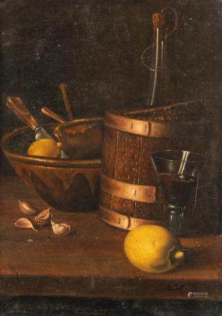 LUIS EUGENIO MELÉNDEZ (UMKREIS) ZWEI GEMÄLDE: STILLLEBEN MIT ZITRONE, KNOBLAUCH, WEINGLAS, SCHALE, MESSER UND KORBFLASCHE / STILLLEBEN MIT HOLZDOSEN, FRÜCHTEN, MELONE UND SCHOKOLADENKANNE
