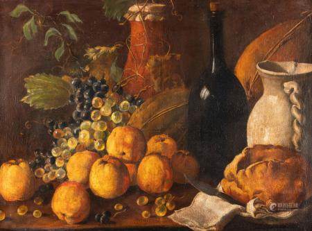 LUIS EUGENIO MELÉNDEZ (WOHL WERKSTATT) STILLLEBEN MIT ÄPFELN, TRAUBEN, MELONEN, BROT, KRUG UND FLASCHE