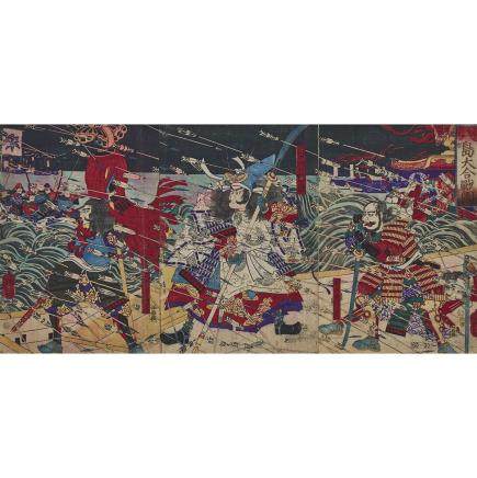 Tsukioka Yoshitoshi (1839-1892), Battle of Dan-no-ura, 14.2" x 9.6" — 36 x 24.5 cm. (3 Pieces)