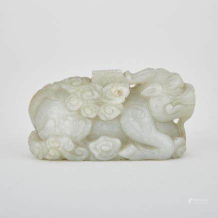 A Celadon Jade Mythical Beast, length 3.6" — 9.1 cm.