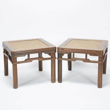 A Pair of Elmwood Square Tables, 19th Century, 18.1" x 21.7" — 46 x 55 cm. (2 Pieces)