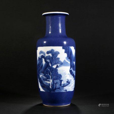 A Chinese Blue glazed blue and white open window Bo Gu club mallet bottle