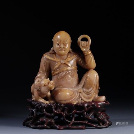 A Chinese Longevity Hill Stone Gilded Luohan Lion Playing Ornaments