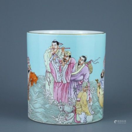 清乾隆松石绿地粉彩八仙过海图笔筒