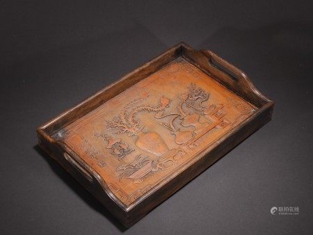 陆增祥款竹雕博古纹托盘