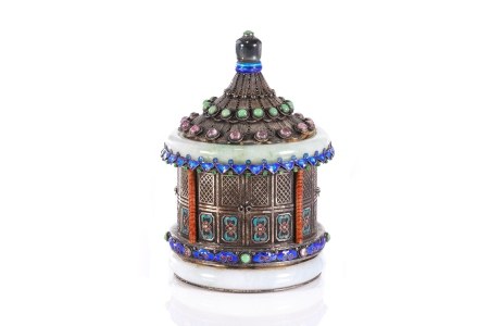 CHINESE ENAMELED SILVER PAVILION FORM BOX