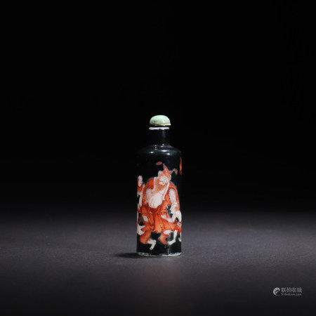 清同治 黑地矾红钟馗小鬼人物鼻烟壶