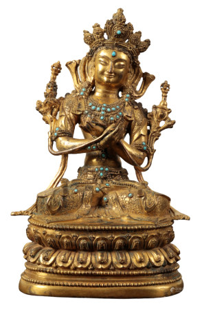 A  SINO-TIBETAN GILT BRONZE FIGURE OF MANJUSHRI